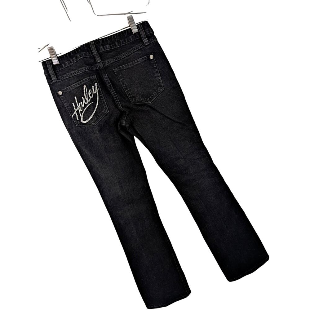 HARLEY DAVIDSON! RICH BLACK DENIM, RHINESTONE TRIM & LOGOS BOOT JEANS! SZ 2T